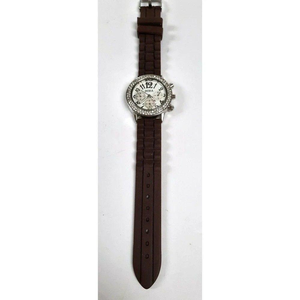 Bora Women's Watch Brown Numbers Silicone‎ Band Quartz Crystal Bezel Pre-owned